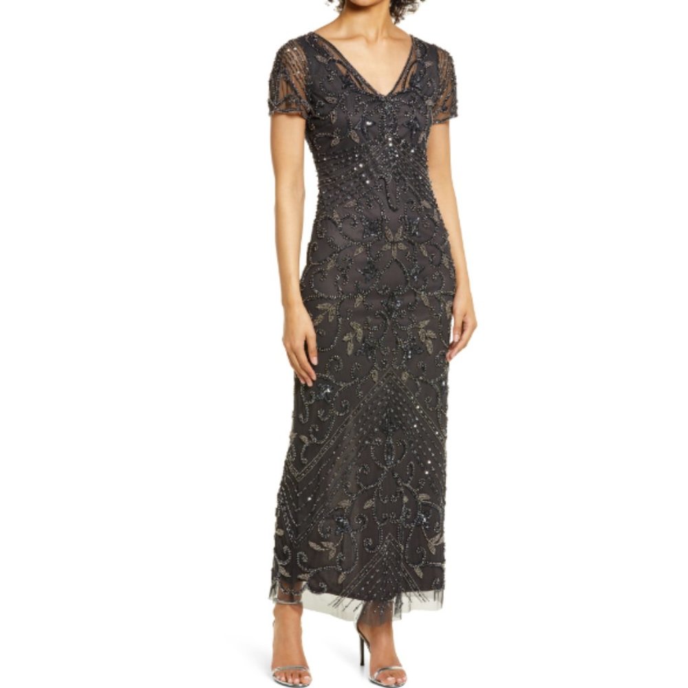 PISARRO NIGHTS Women's Beaded Mesh Column Gown Dress Size 6 - Carbon NWT $268
